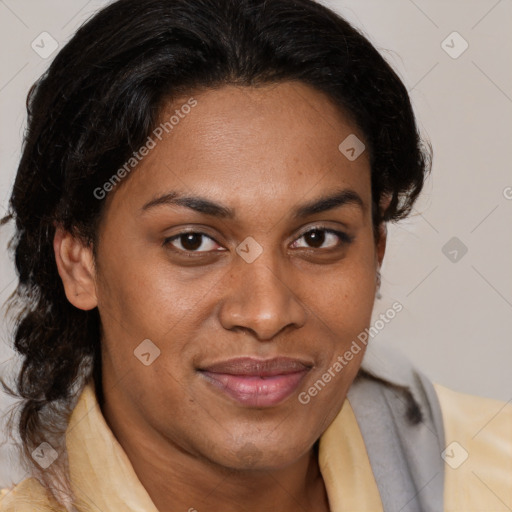 Joyful latino adult female with medium  brown hair and brown eyes