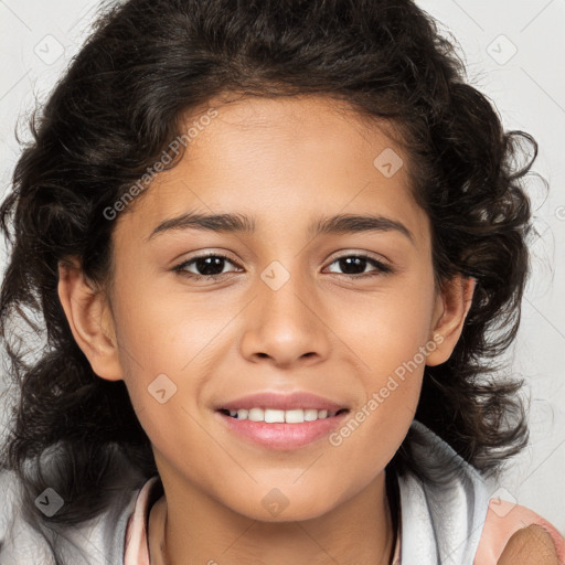 Joyful white child female with medium  brown hair and brown eyes