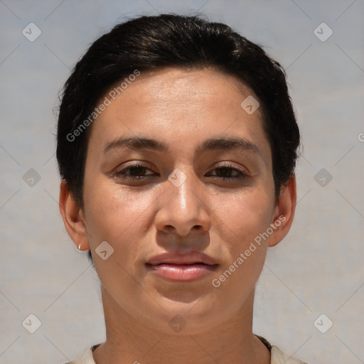 Joyful white young-adult female with short  brown hair and brown eyes