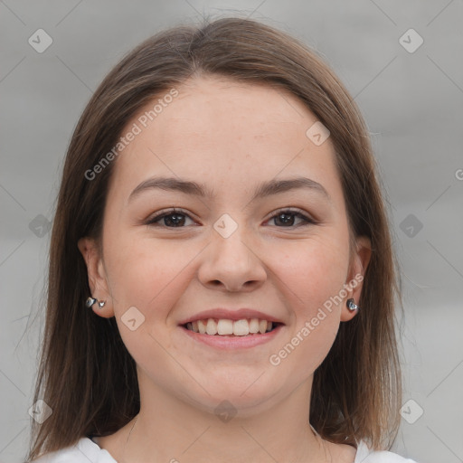 Joyful white young-adult female with medium  brown hair and grey eyes