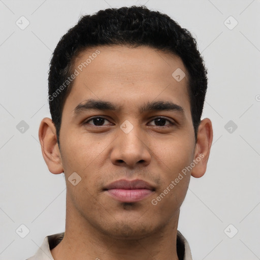 Neutral latino young-adult male with short  black hair and brown eyes