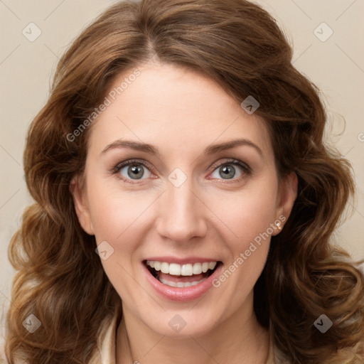 Joyful white young-adult female with long  brown hair and green eyes