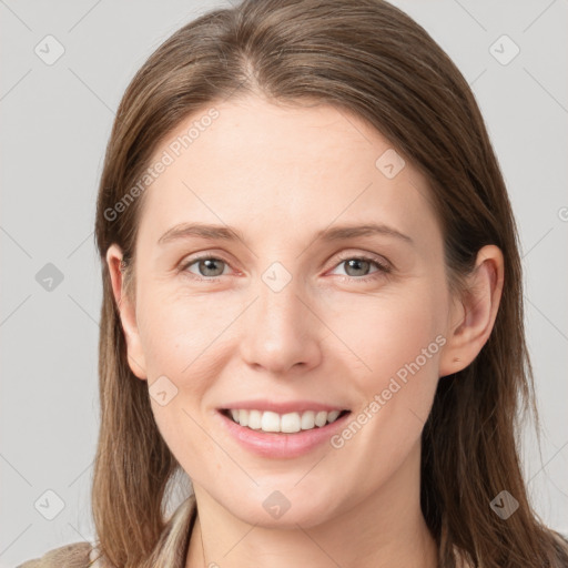 Joyful white young-adult female with long  brown hair and grey eyes