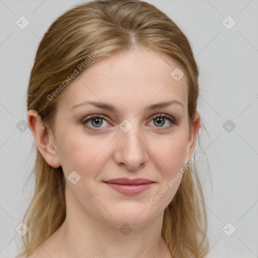 Joyful white young-adult female with medium  brown hair and blue eyes