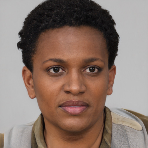 Joyful black young-adult female with short  brown hair and brown eyes