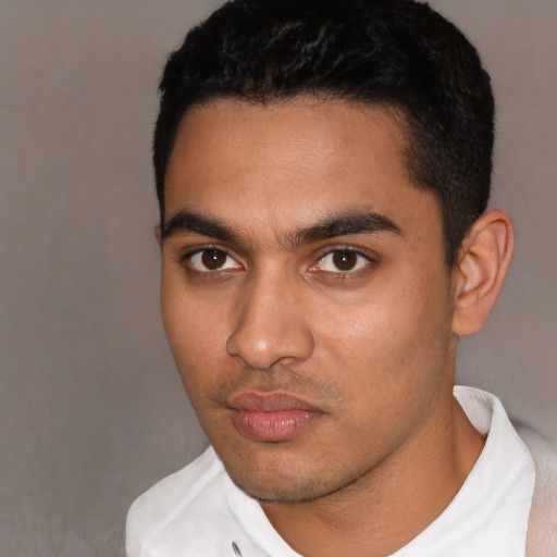 Neutral latino young-adult male with short  black hair and brown eyes