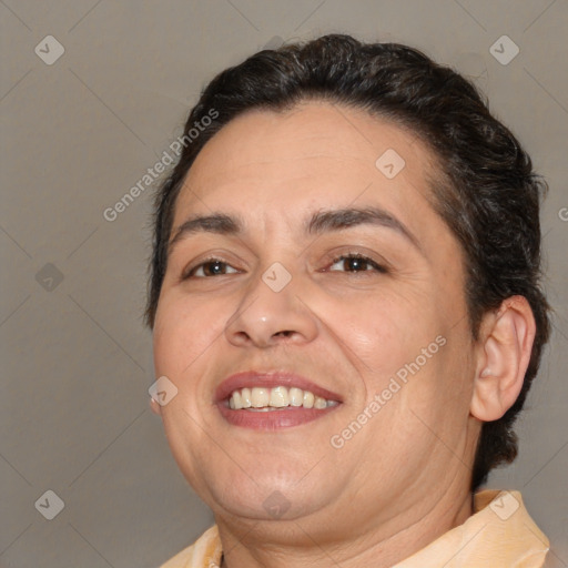 Joyful white adult female with short  brown hair and brown eyes