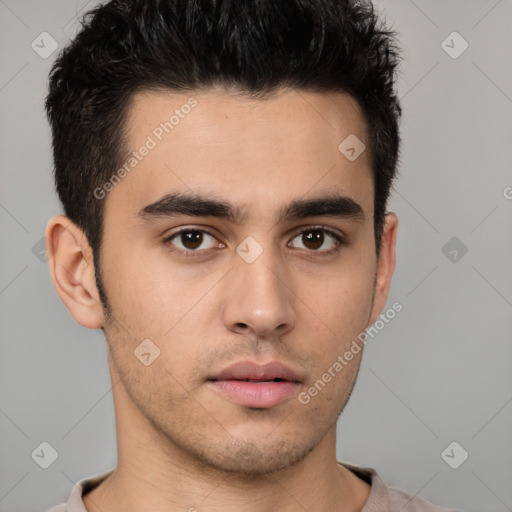 Neutral white young-adult male with short  brown hair and brown eyes