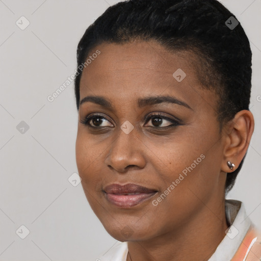 Joyful black young-adult female with short  black hair and brown eyes