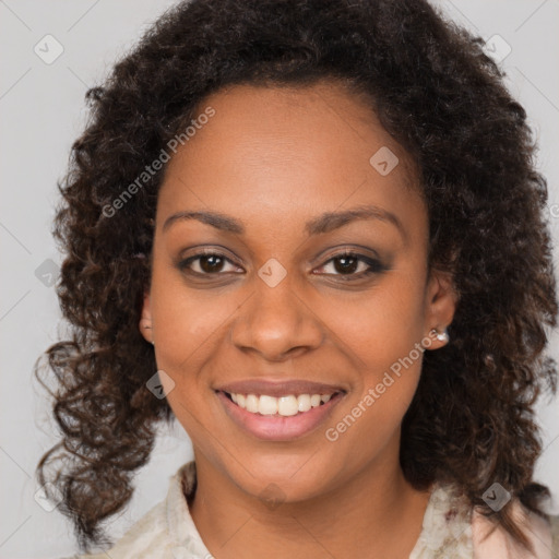 Joyful black young-adult female with medium  brown hair and brown eyes