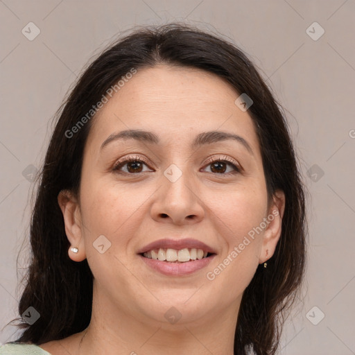 Joyful white young-adult female with medium  brown hair and brown eyes