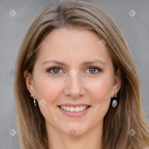 Joyful white young-adult female with long  brown hair and grey eyes