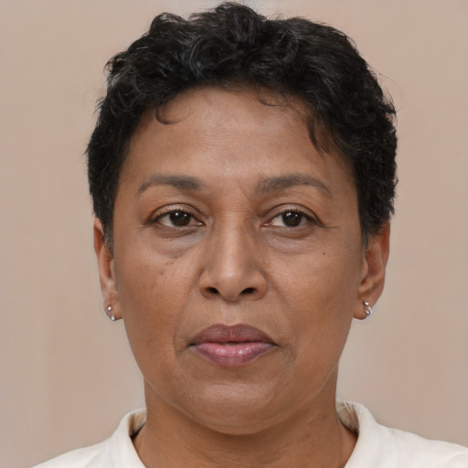 Joyful latino adult female with short  brown hair and brown eyes