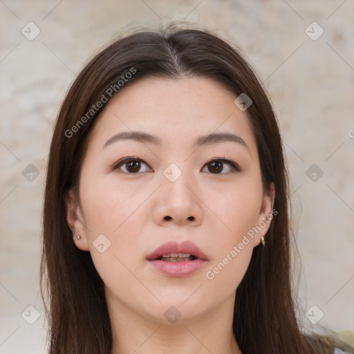 Neutral white young-adult female with medium  brown hair and brown eyes