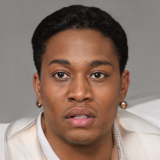 Neutral black young-adult male with short  brown hair and brown eyes