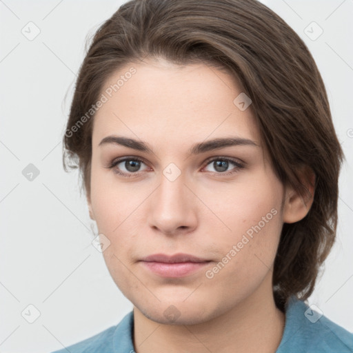 Neutral white young-adult female with medium  brown hair and grey eyes