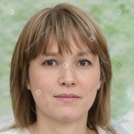 Neutral white young-adult female with medium  brown hair and grey eyes