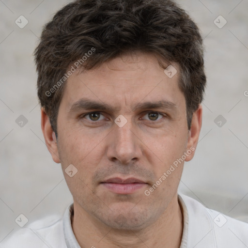 Neutral white adult male with short  brown hair and brown eyes