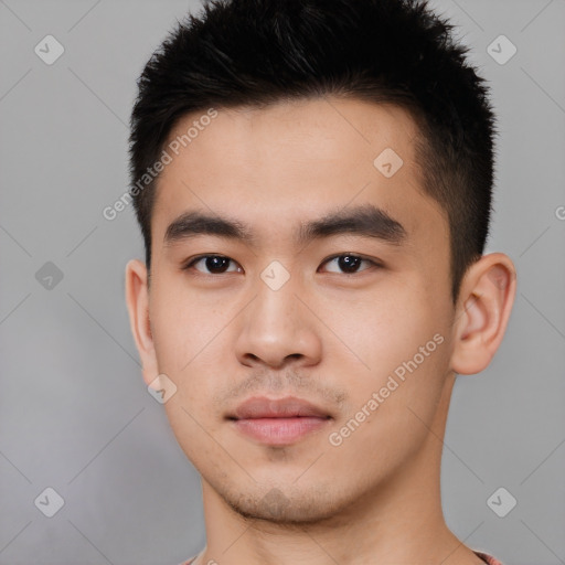 Neutral asian young-adult male with short  black hair and brown eyes