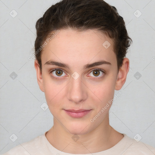 Neutral white young-adult female with short  brown hair and brown eyes