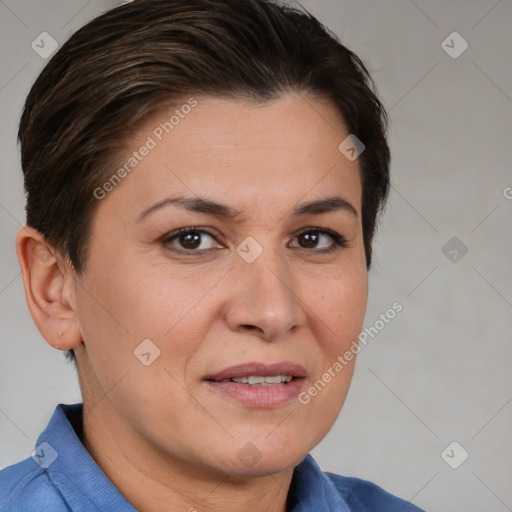 Joyful white adult female with short  brown hair and brown eyes