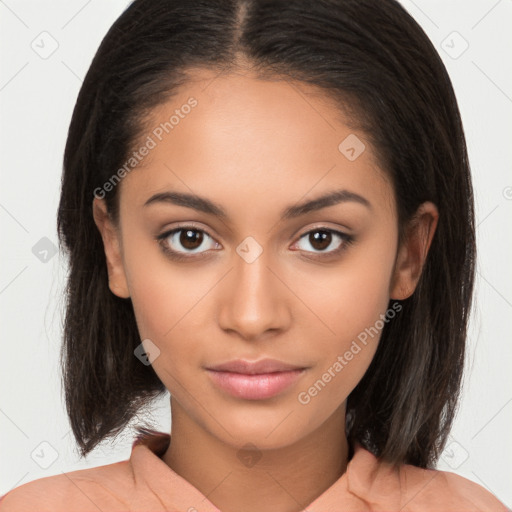 Joyful latino young-adult female with medium  brown hair and brown eyes