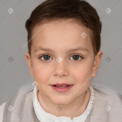 Joyful white child female with short  brown hair and brown eyes