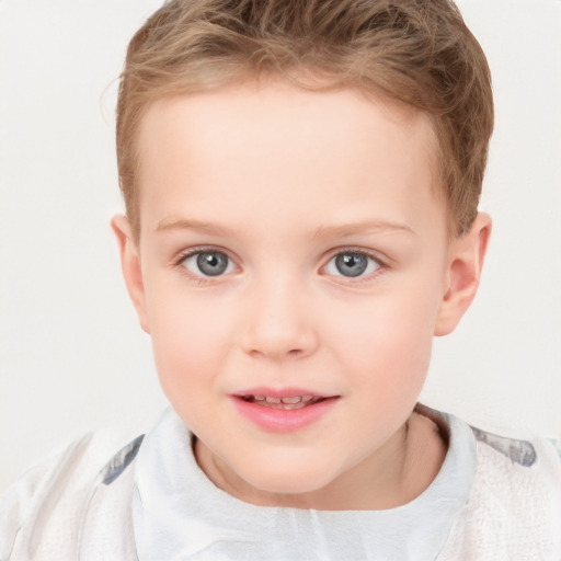 Joyful white child female with short  brown hair and brown eyes