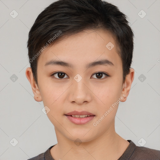 Joyful asian young-adult female with short  brown hair and brown eyes
