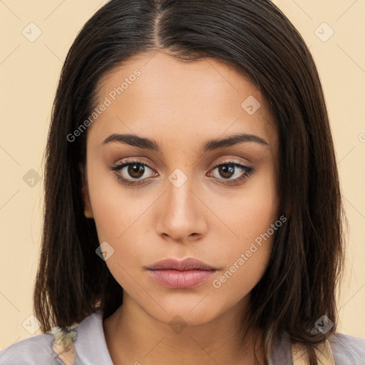 Neutral white young-adult female with long  brown hair and brown eyes