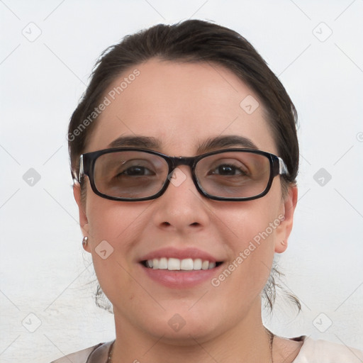 Joyful white young-adult female with medium  brown hair and blue eyes