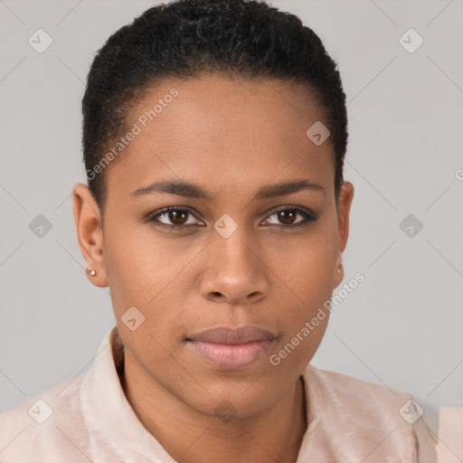 Neutral black young-adult female with short  brown hair and brown eyes