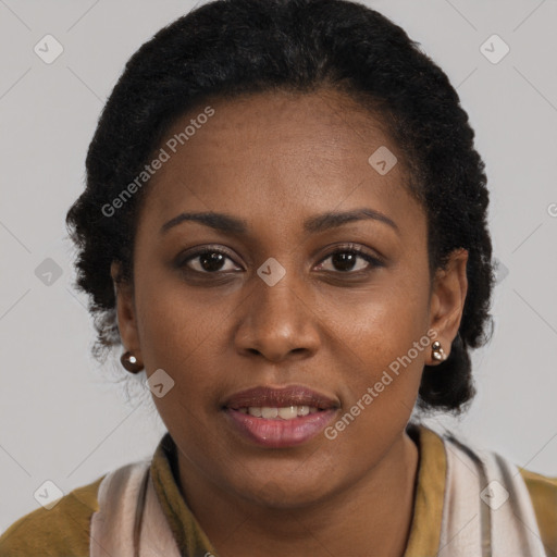 Joyful black young-adult female with long  brown hair and brown eyes