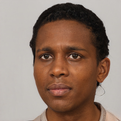 Neutral black young-adult male with short  black hair and brown eyes