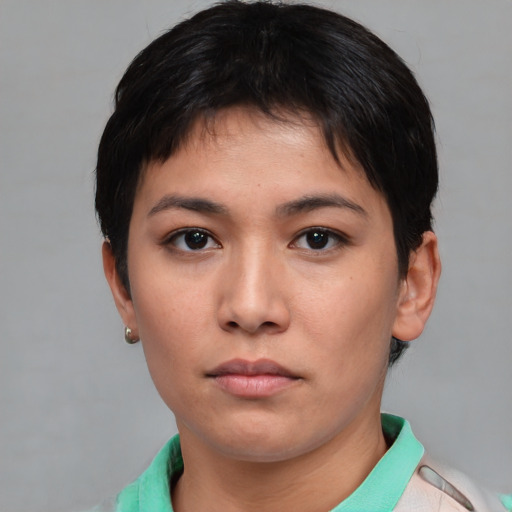 Neutral asian young-adult female with short  brown hair and brown eyes