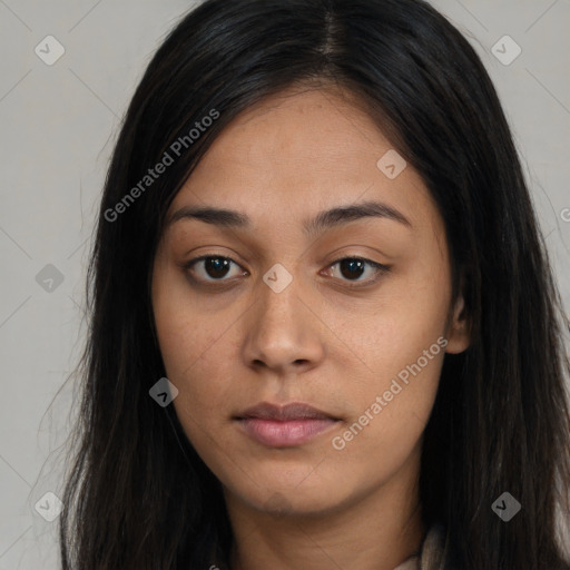 Neutral asian young-adult female with long  brown hair and brown eyes