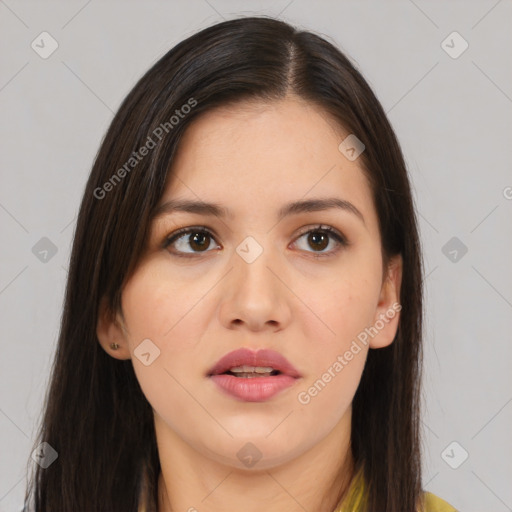 Neutral white young-adult female with long  brown hair and brown eyes