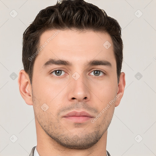 Neutral white young-adult male with short  brown hair and brown eyes