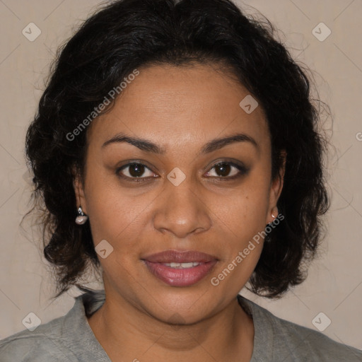 Joyful black young-adult female with medium  brown hair and brown eyes