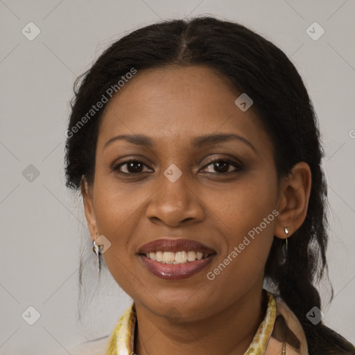 Joyful black young-adult female with medium  brown hair and brown eyes