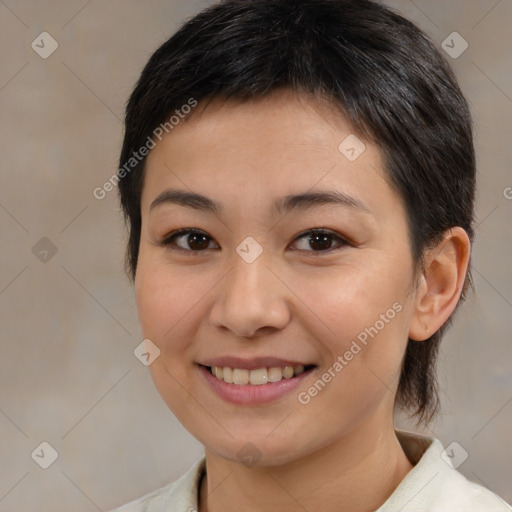 Joyful white young-adult female with medium  brown hair and brown eyes