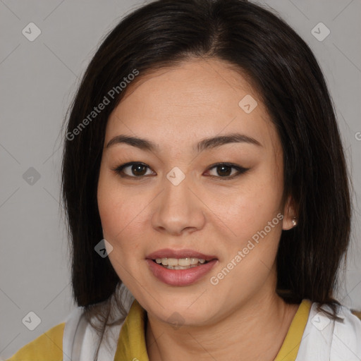 Joyful latino young-adult female with medium  brown hair and brown eyes