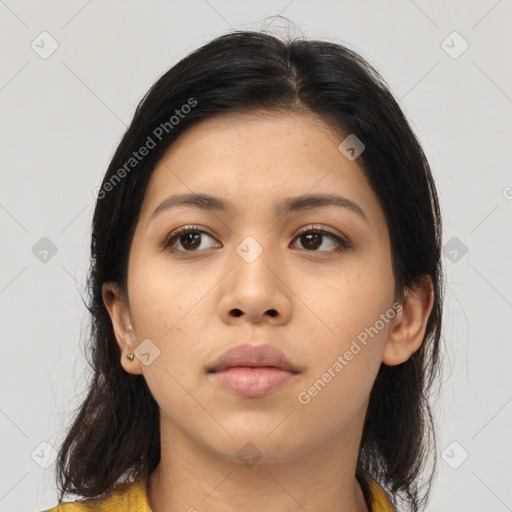 Neutral asian young-adult female with medium  brown hair and brown eyes