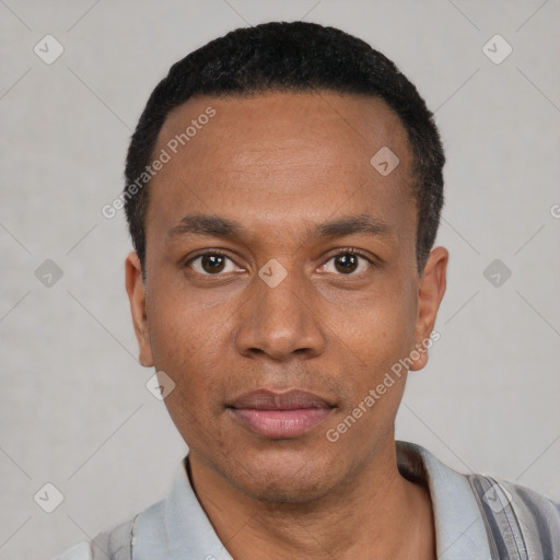 Neutral latino young-adult male with short  black hair and brown eyes