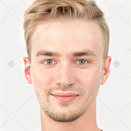 Joyful white young-adult male with short  brown hair and blue eyes