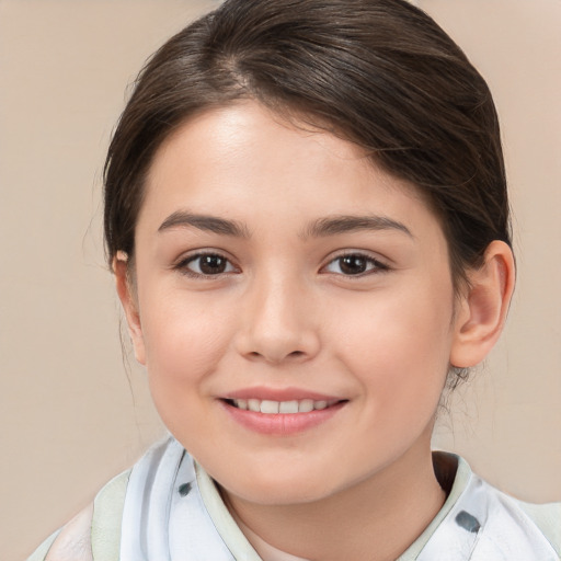 Joyful white child female with medium  brown hair and brown eyes