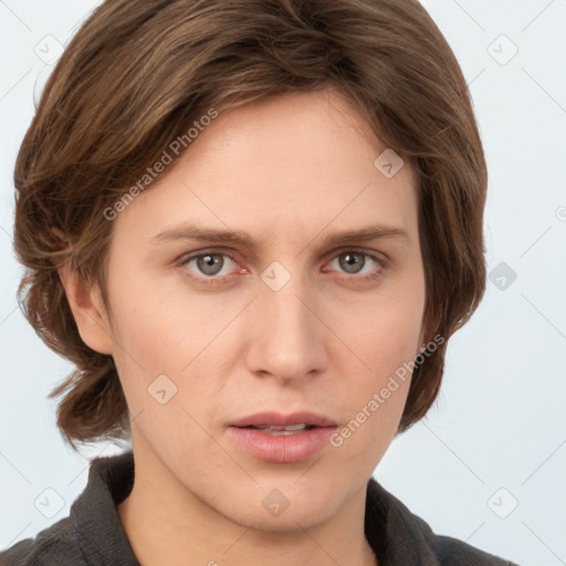 Neutral white young-adult female with medium  brown hair and grey eyes