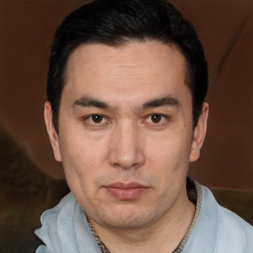 Neutral white adult male with short  black hair and brown eyes
