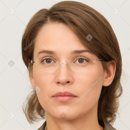 Neutral white young-adult female with medium  brown hair and brown eyes