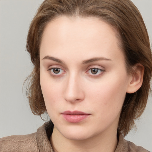 Neutral white young-adult female with long  brown hair and grey eyes